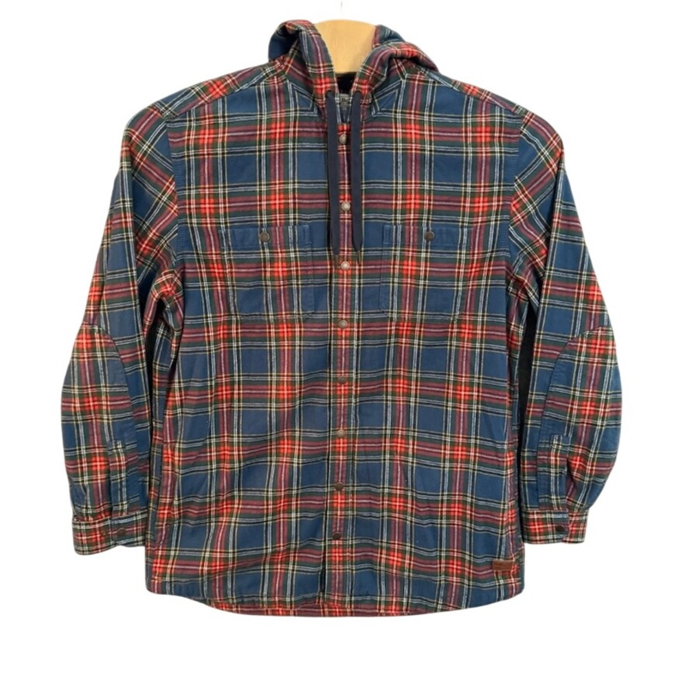 LL Bean Mens Hooded Flannel Shirt Jacket Plaid Blue Red L-Tall 508184 Snap Front